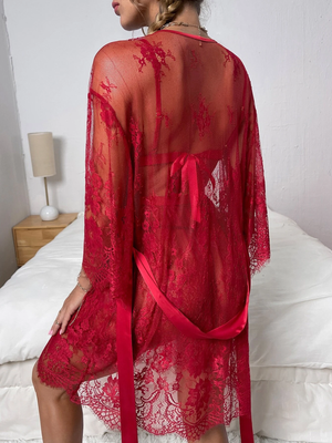 Red Floral Mesh 3pc Robe