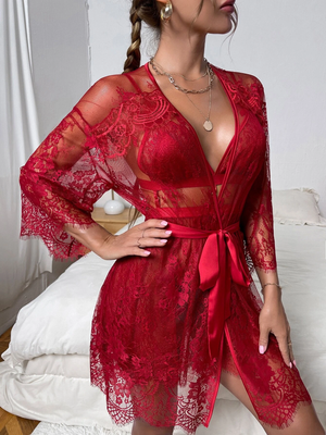 Red Floral Mesh 3pc Robe