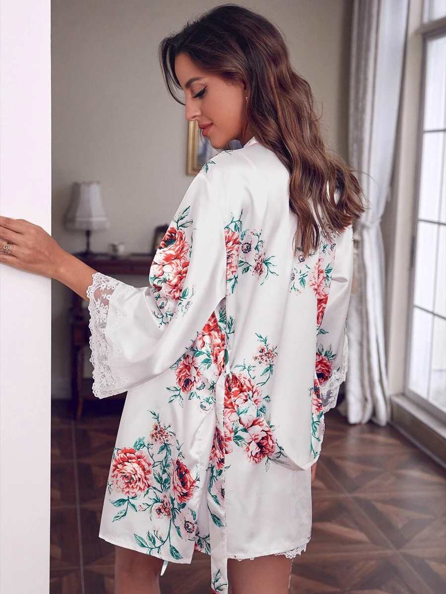 Floral Print Satin Robe